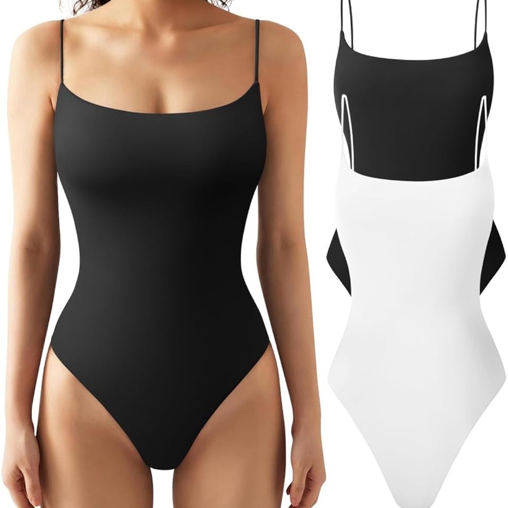 HYZ Women's Summer Spaghetti Strap Soft Basic Thong Bodysuit Top Black
